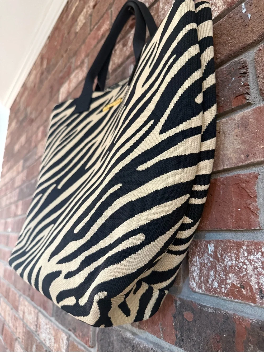 Joy Mangano Black Cream Zebra Knit Tote Bag Large Shopper NWOT